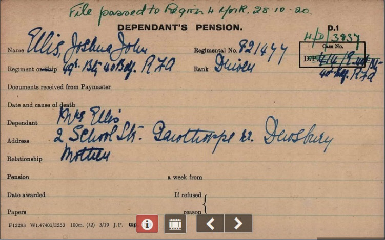 Joshua John Ellis pension card